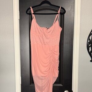 Pretty Little Thing Pink Ruched Mesh Bodycon maxi Dress